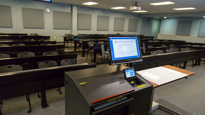 classroom with podium in the foreground
