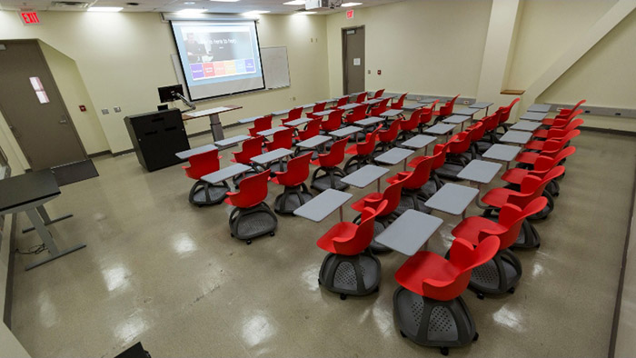 classroom with chairs and projection screen