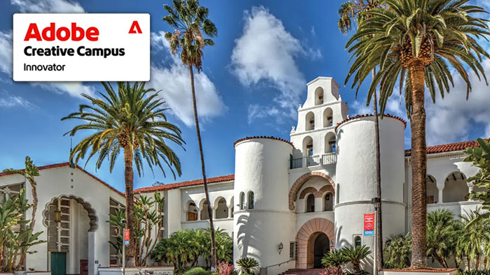 Hepner Hall at SDSU with Adobe Creative Campus Innovator badge, highlighting the university’s leadership in AI education
