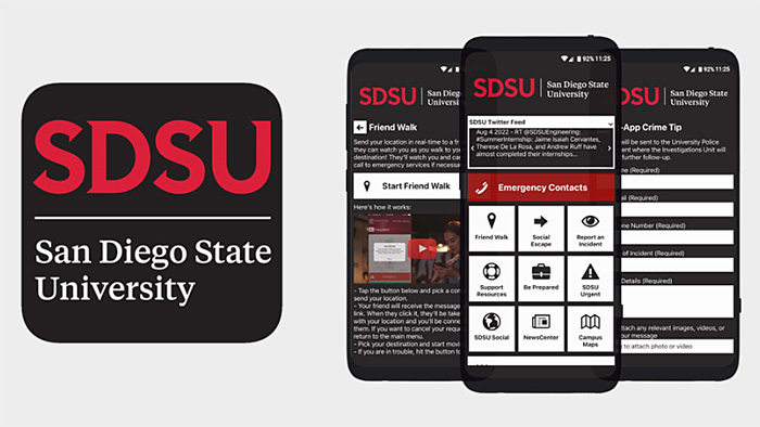 Three screenshots of the SDSU Safe app on a smartphone.