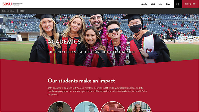 The Academics page of the main SDSU website