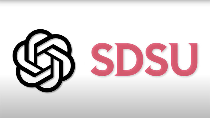 A black and white OpenAI logo next to the red text “SDSU” on a white background.