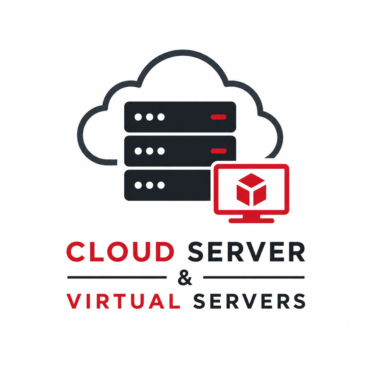A logo with servers and a virtual machine showing labeled cloud server and virtual server
