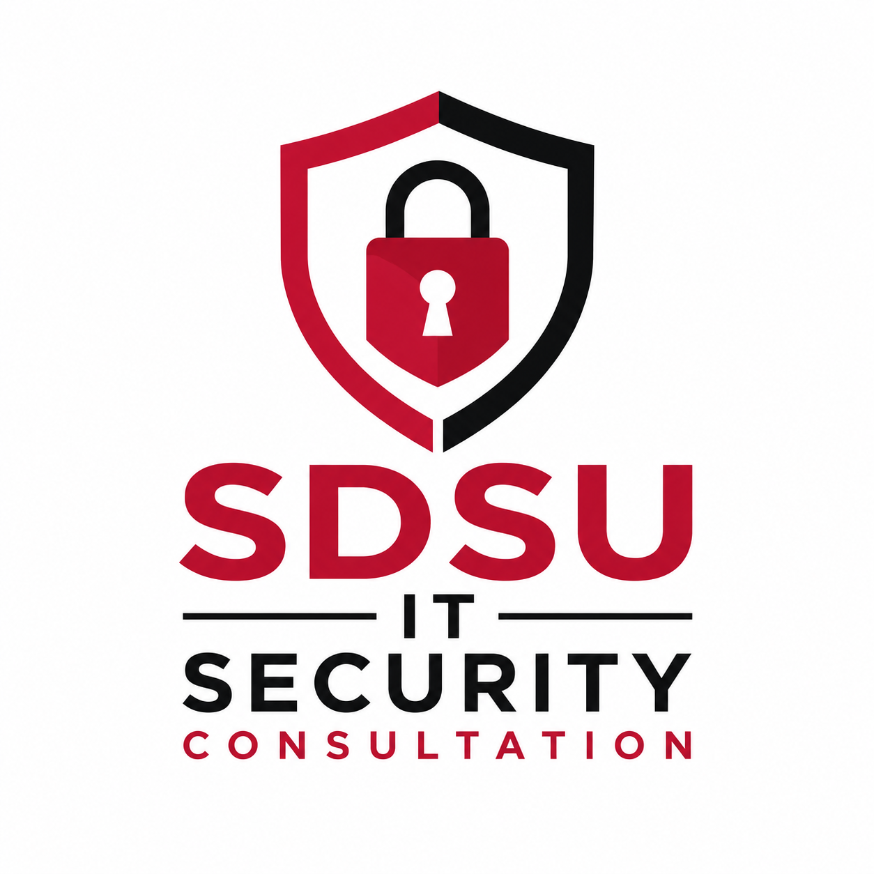 Logo for SDSU IT Security Consultation featuring a red and black security shield with a padlock above the words ‘SDSU IT Security Consultation,’ representing cybersecurity guidance and protection services.