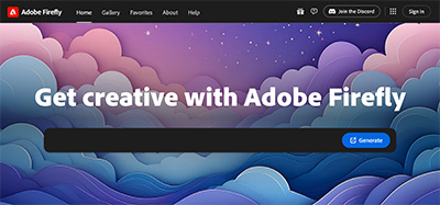 Adobe Firefly website with prompt box and 'Generate' button over colorful cloud background.