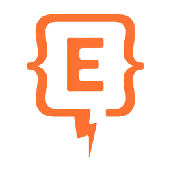 Orange letter E surrounded by brackets with lightning bolt at the base