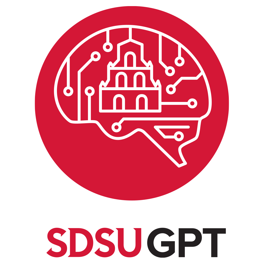 Red circular logo with brain outline, circuitry, and a mission-style building. Text: “SDSU GPT.”